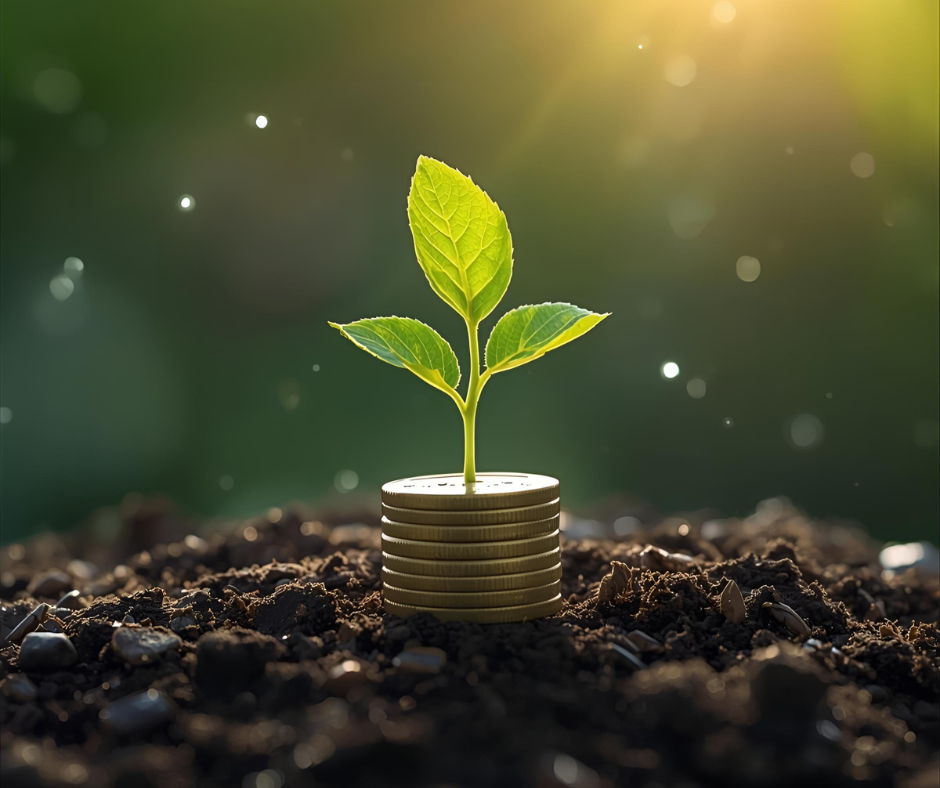 Small plant sprouting from coins symbolizing investing basics and long-term growth.