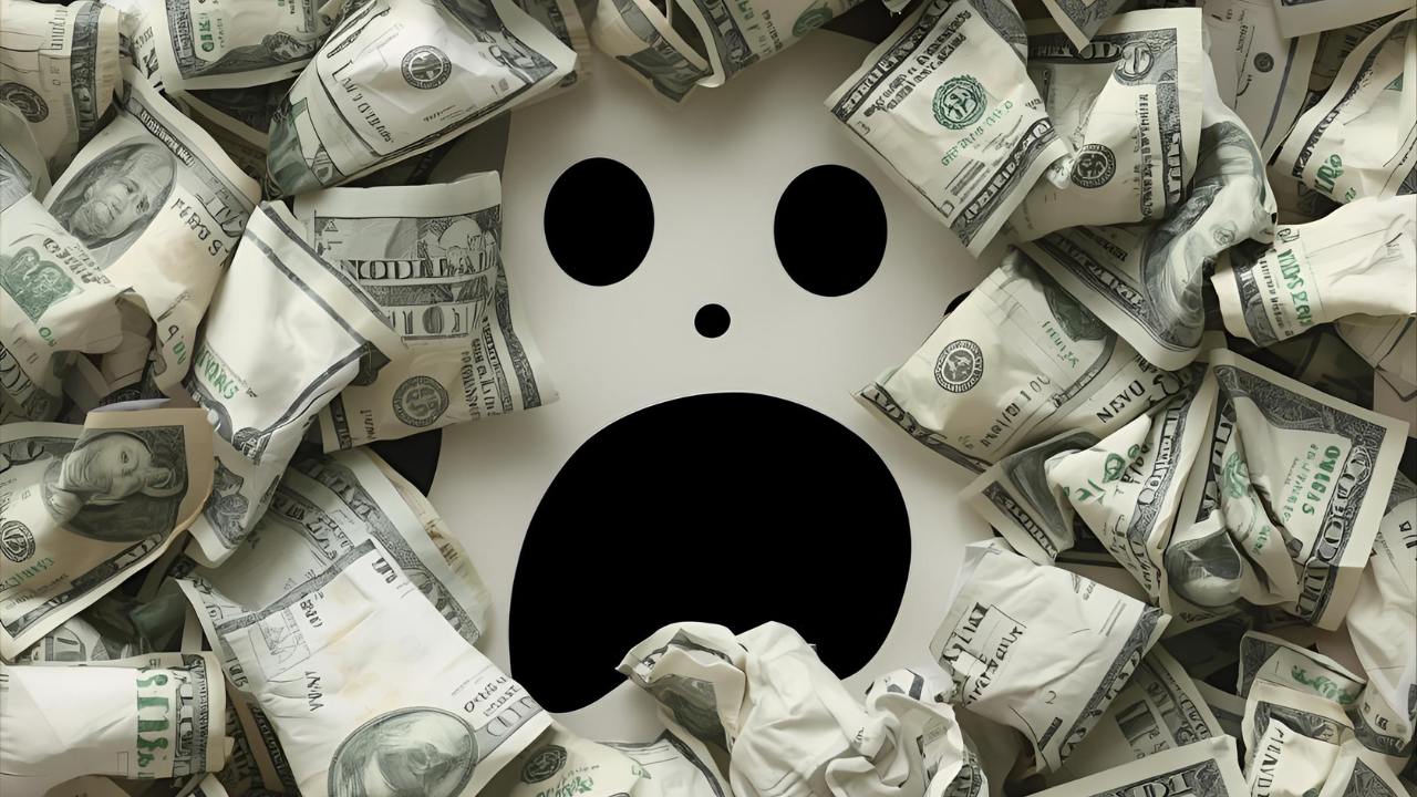 Pile of money forming a spooky face, symbolizing fear of budgeting myths.”