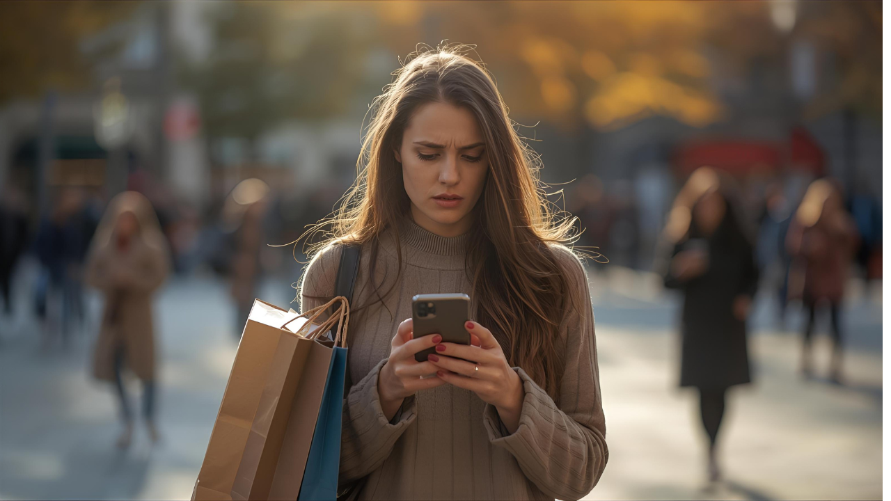 Woman deciding on a purchase, representing emotional spending and mindful money habits.
