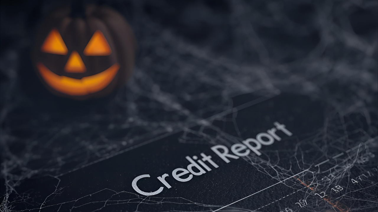 Credit score report with spooky overlay representing credit score myths.