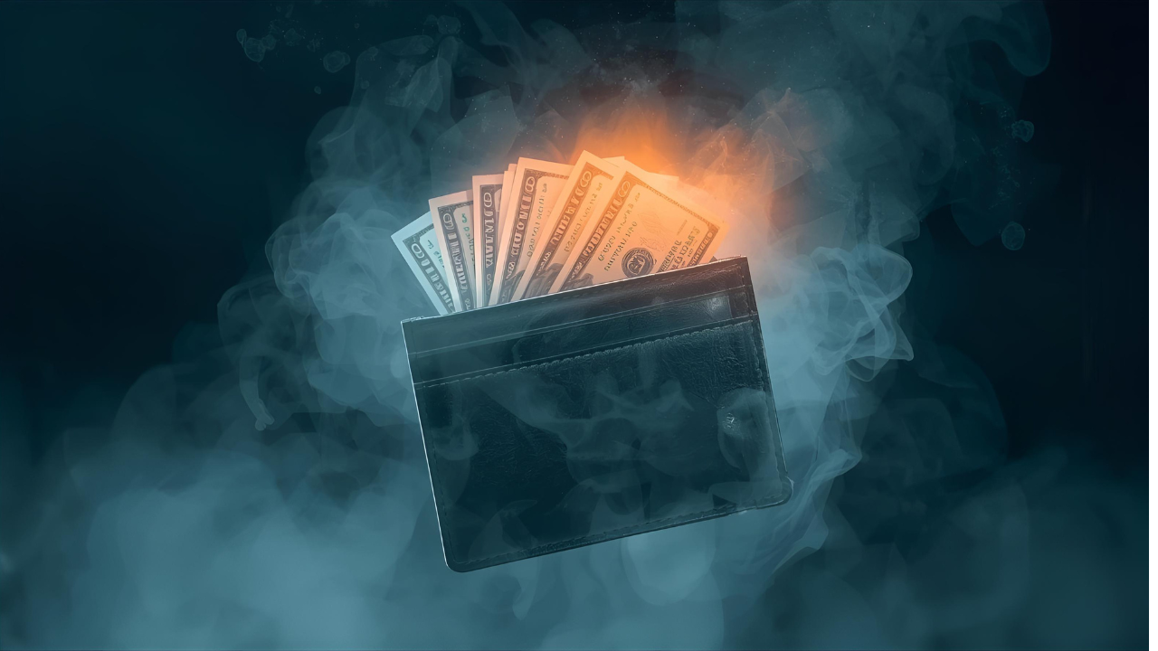 Open wallet with ghostly glow and floating bills, representing haunting saving myths.