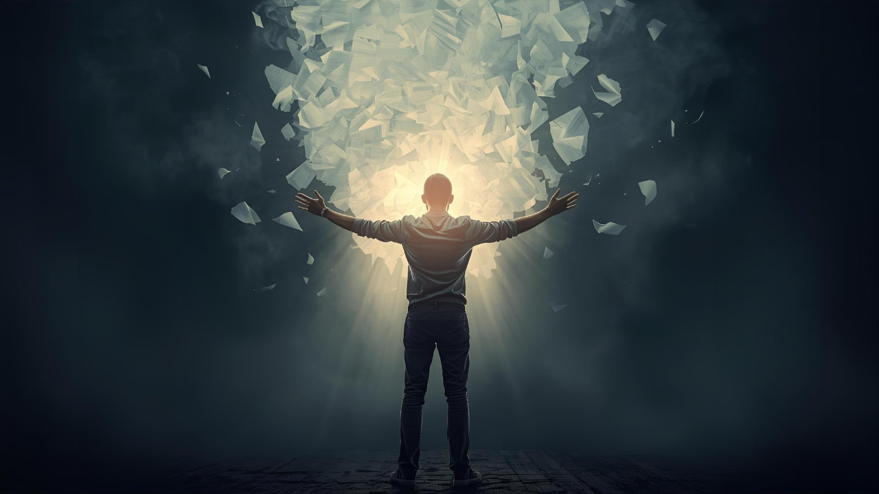 Person stepping into light, symbolizing breaking free from money myths and finding financial clarity.