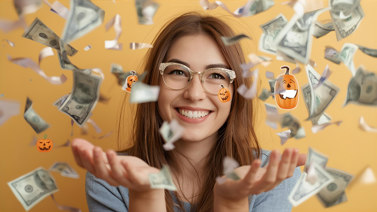 Person smiling confidently with subtle Halloween overlay, symbolizing overcoming fear of investing.