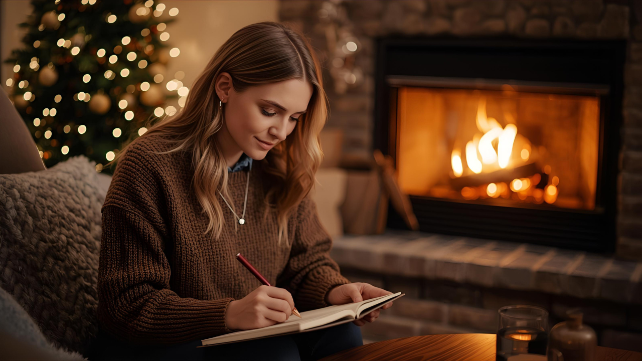 Woman smiling while planning gifts and checking her holiday budget at home
