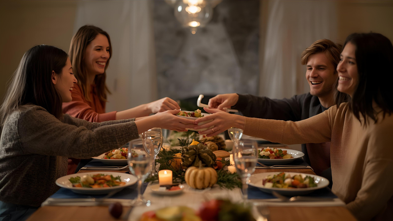 Family sharing a meal and practicing gratitude with mindful, intentional holiday spending.