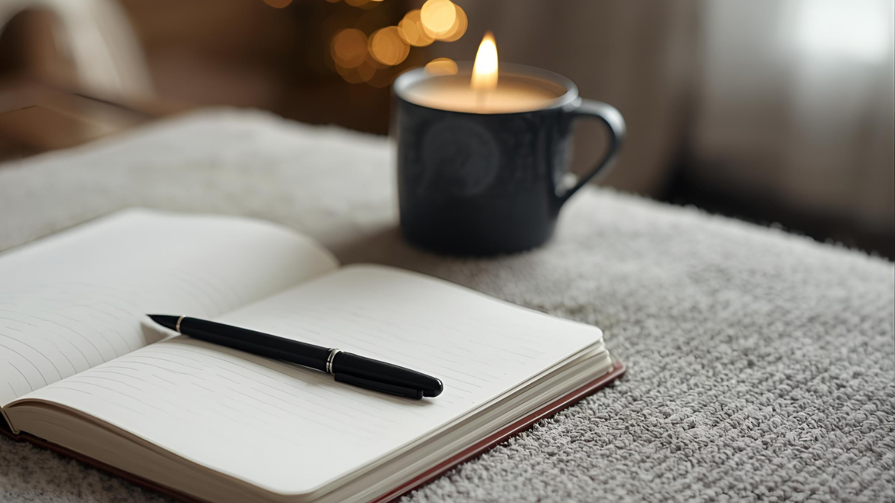 Woman planning a no-stress holiday budget with a notebook and warm seasonal setting