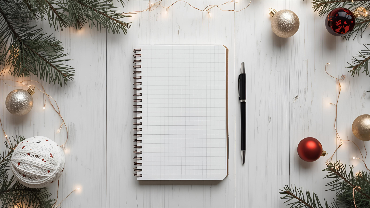 Someone planning a stress free holiday spending budget with Christmas decorations and a notebook.